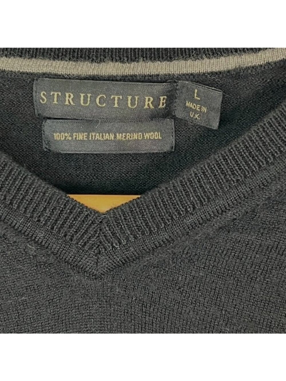 Vintage Y2K Structure Black Merino Wool V Neck Sweater Mens L Made in UK - Picture 3 of 10